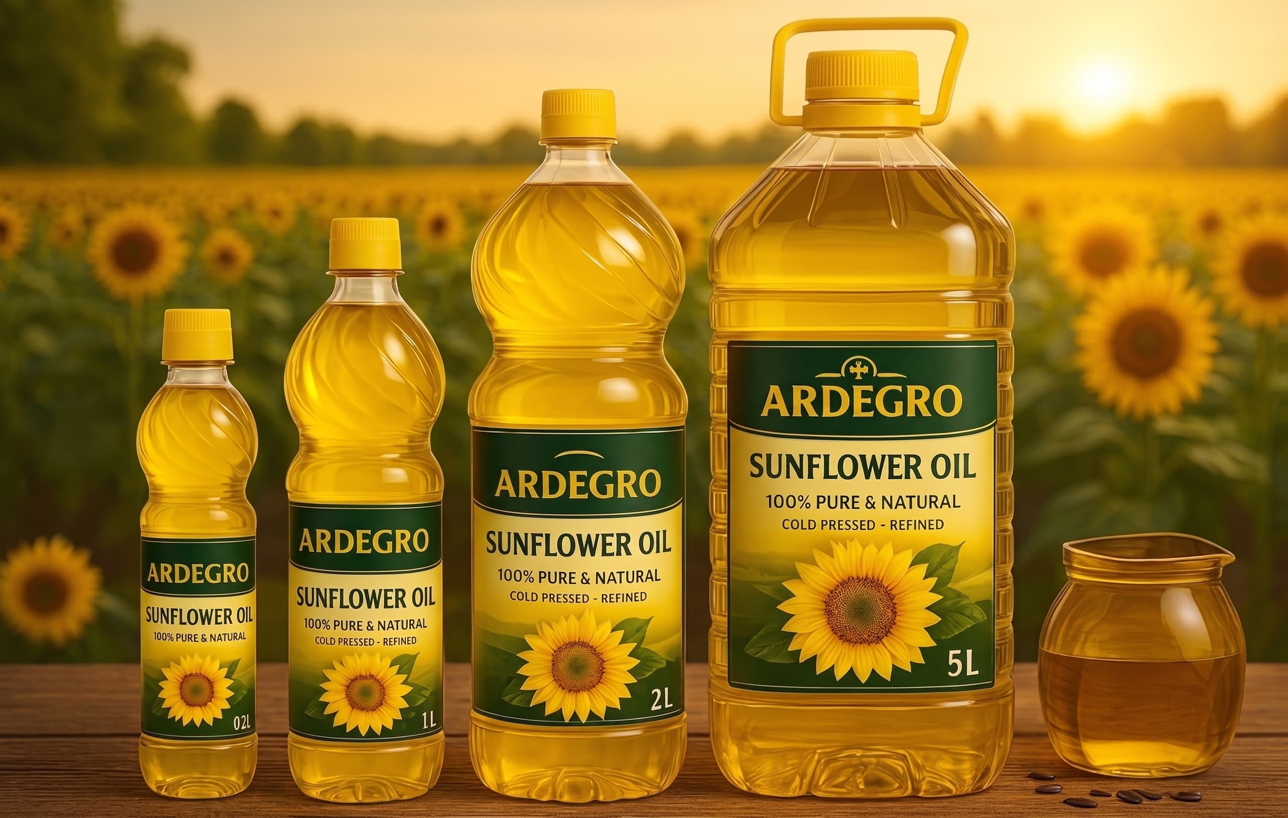 ARDEGRO Sunflower Oil bottle range in a sunflower field