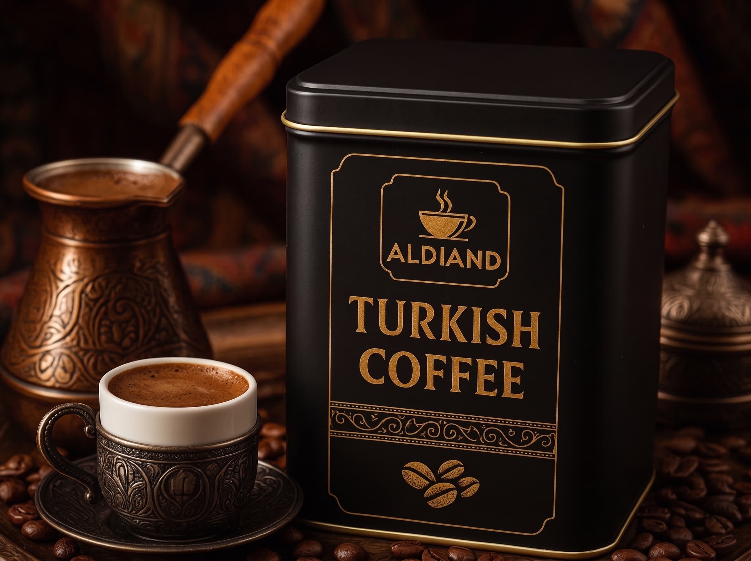 Turkish coffee cup with Aldiand tin