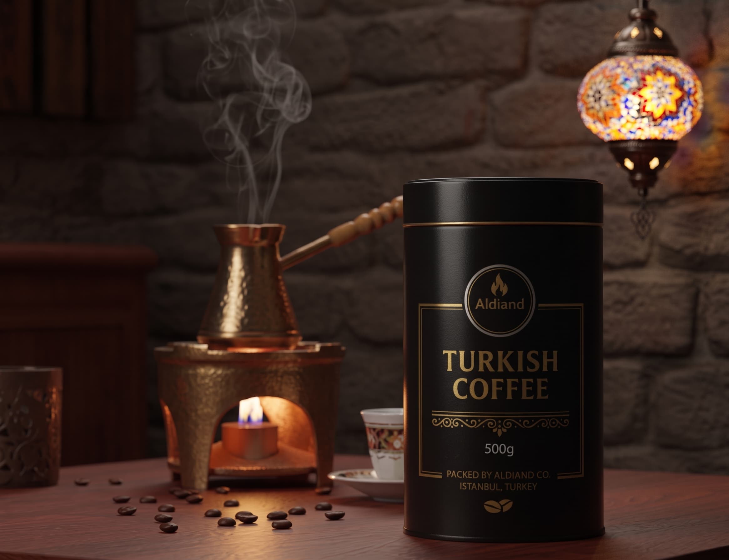 Aldiand Turkish Coffee 500g tin brewing scene